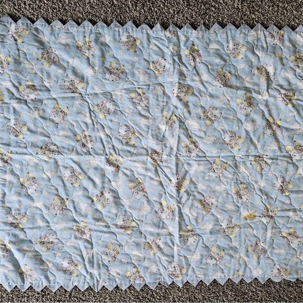 Vintage precious moments Baby Blue Angel Print Scalloped age baby blanket